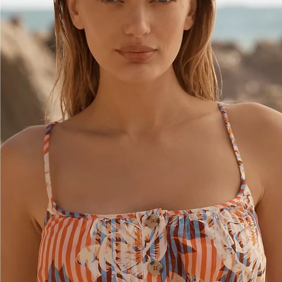 Anthropologie XL Pink Blue Red Floral Print Crop Tank Top Vacation Resort - Picture 13 of 13